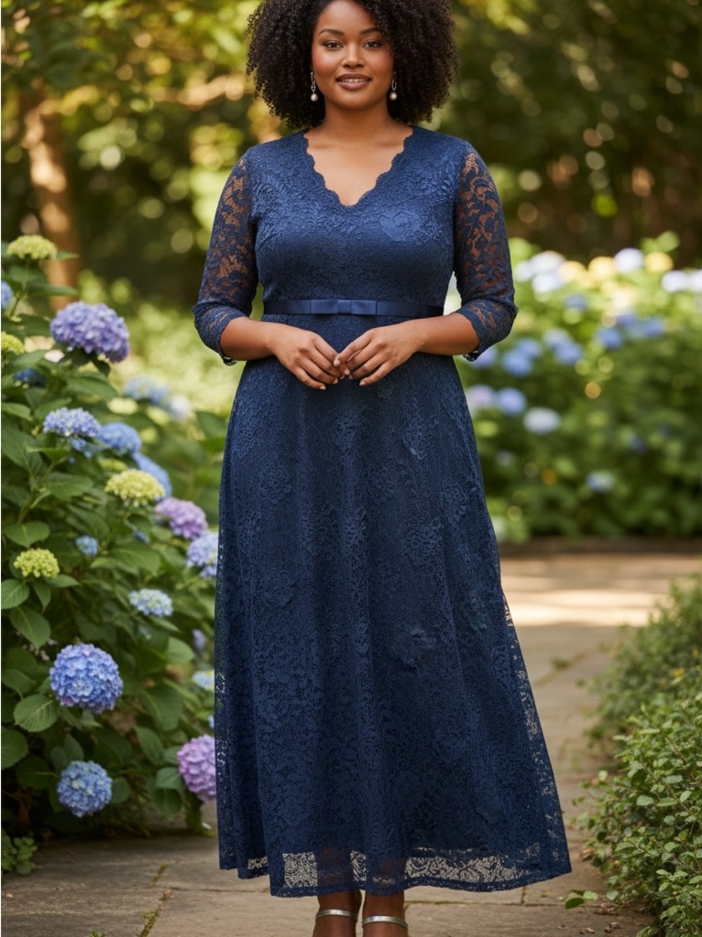 Miusol Navy Lace V-Neck Long Sleeve A-Line Dress